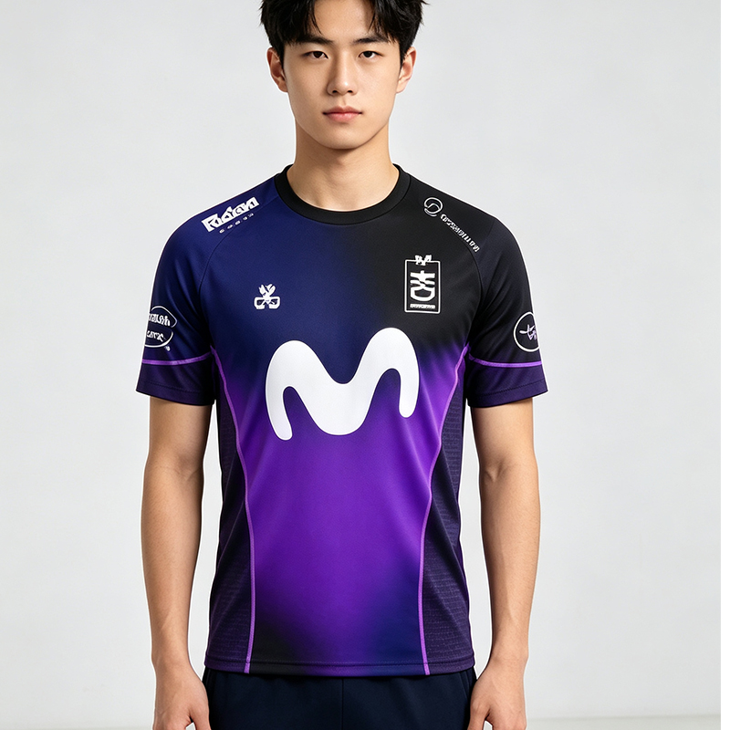 Esports Gaming Top - ชุดทีมยอดนิยมใหม่สำหรับการแข่งขันอีสปอร์ต เสื้อยืดไล่เฉดสีม่วง-ดำสำหรับผู้ชายและผู้หญิง สำหรับผู้ที่ชื่นชอบการเล่นเกมโดยเฉพาะ